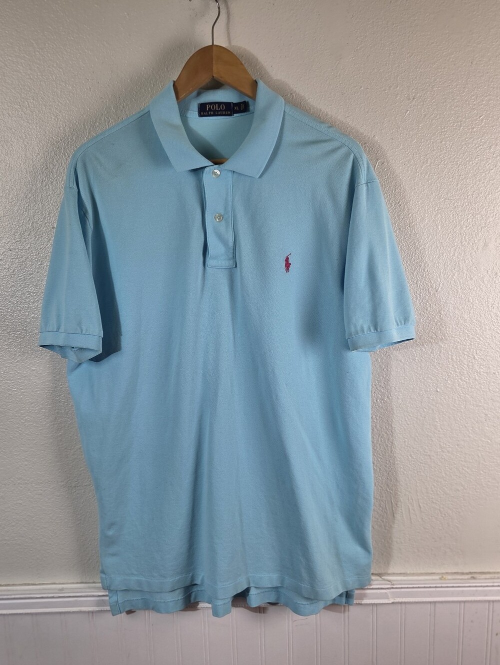 Polo Ralph Lauren Mens XL Blue Polo Shirt Pink Pony Short Sleeve Cotton Stretch